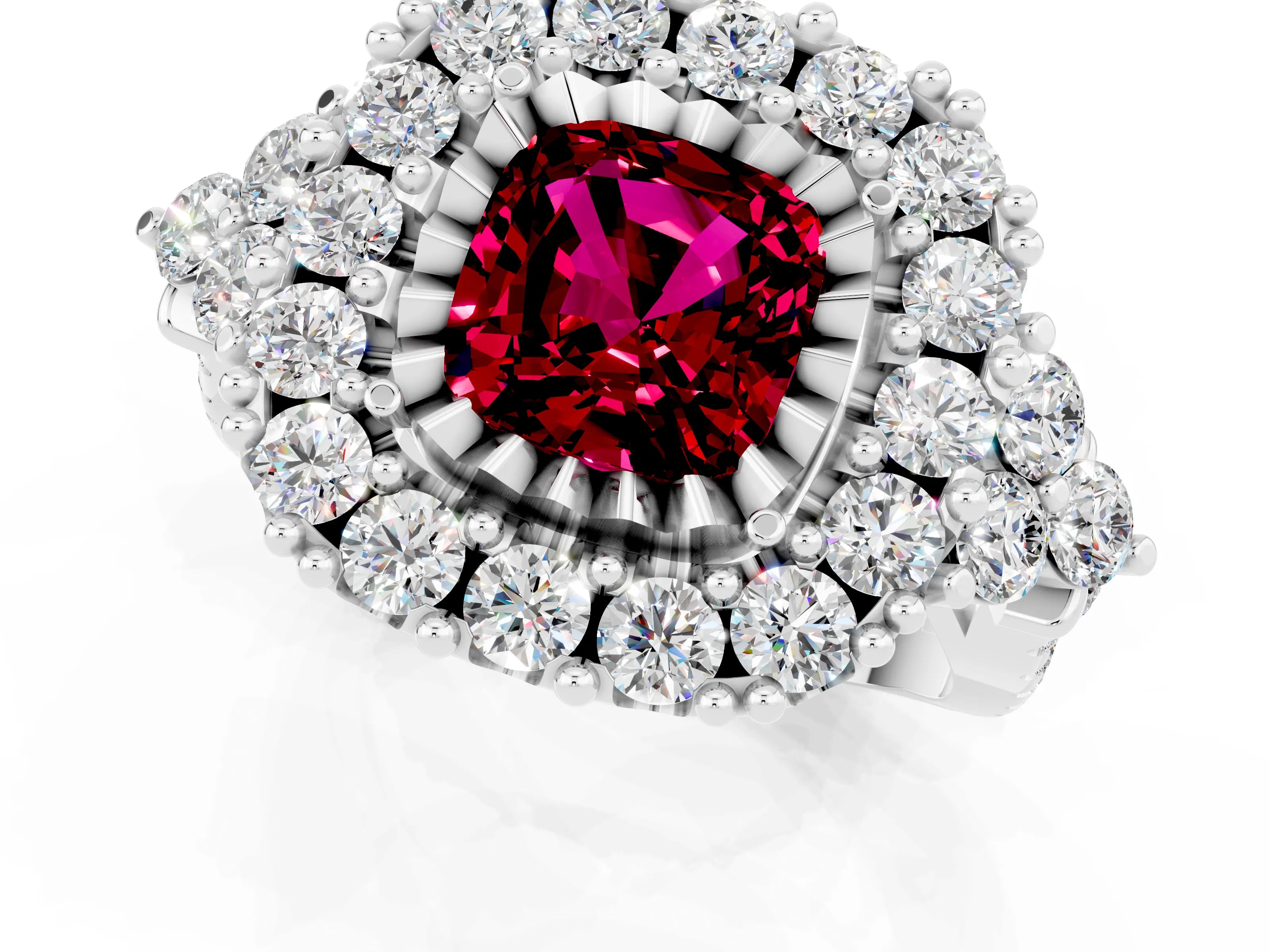 White gold Cushion Cut Garnet Halo Ring with Pavé Band and Four-Prong Setting_13