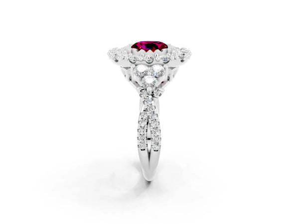 Platinum Cushion Cut Garnet Halo Ring with Pavé Band and Four-Prong Setting