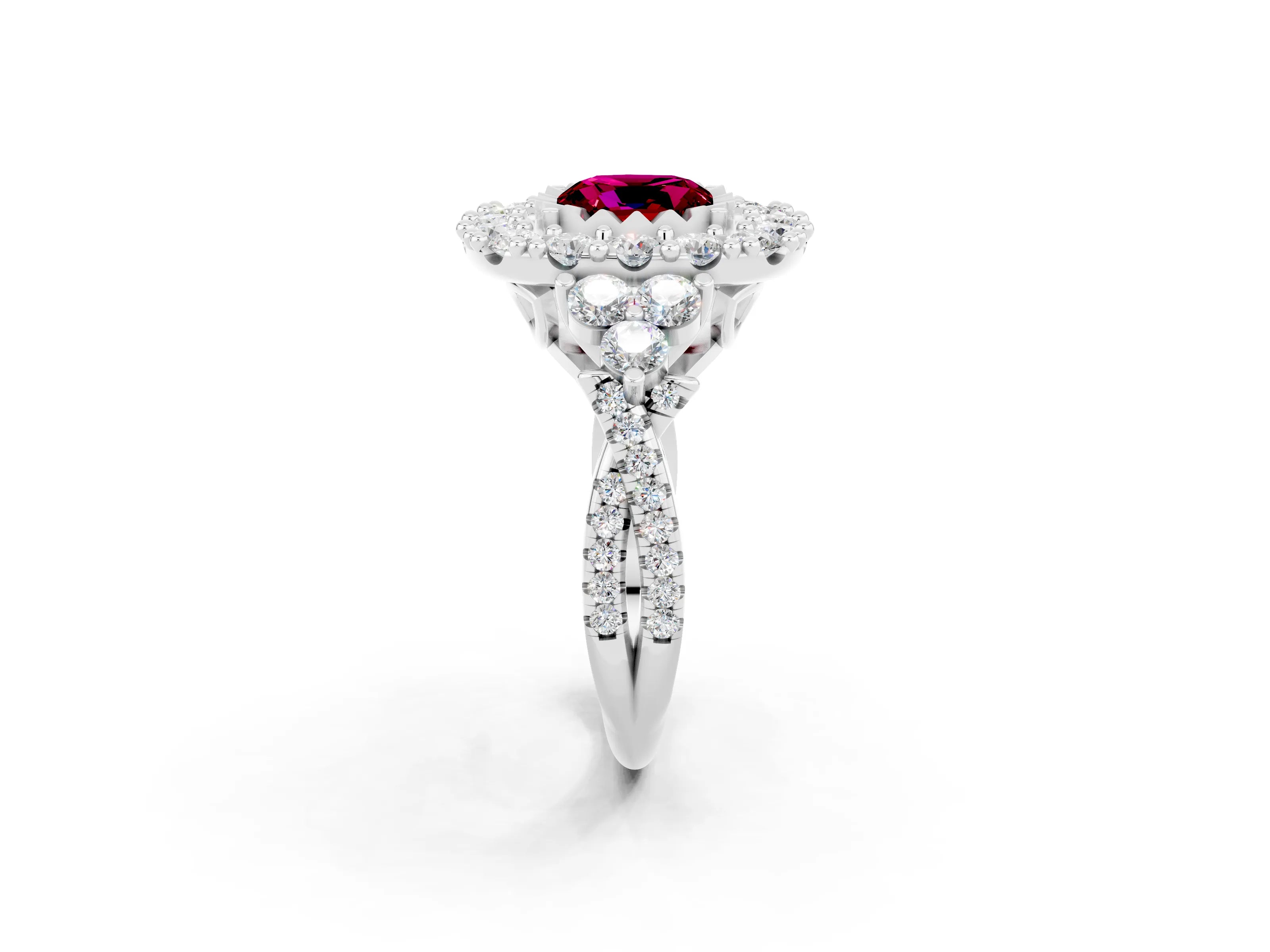 White gold Cushion Cut Garnet Halo Ring with Pavé Band and Four-Prong Setting_14