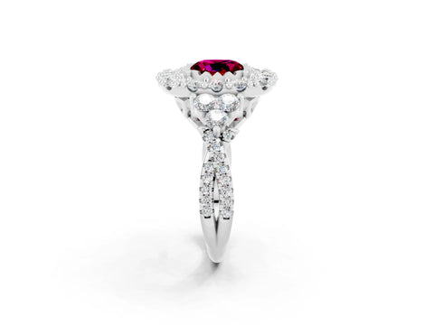 White gold Cushion Cut Garnet Halo Ring with Pavé Band and Four-Prong Setting_14