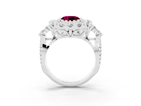 White gold Cushion Cut Garnet Halo Ring with Pavé Band and Four-Prong Setting