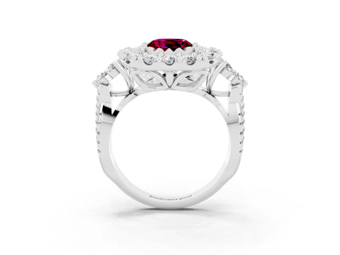 White gold Cushion Cut Garnet Halo Ring with Pavé Band and Four-Prong Setting_15