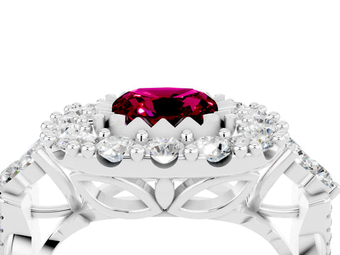 White gold Cushion Cut Garnet Halo Ring with Pavé Band and Four-Prong Setting_16