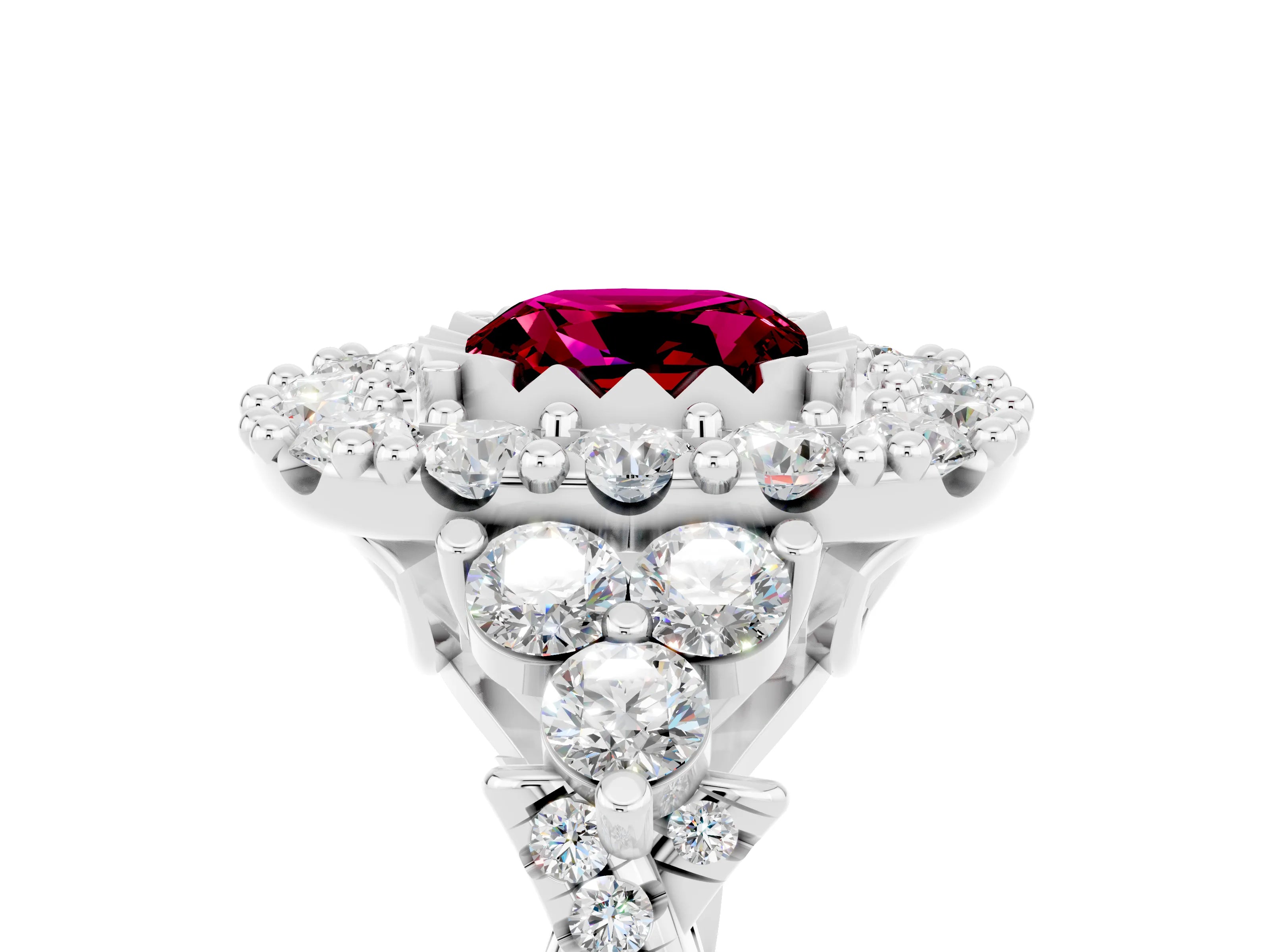 White gold Cushion Cut Garnet Halo Ring with Pavé Band and Four-Prong Setting_17