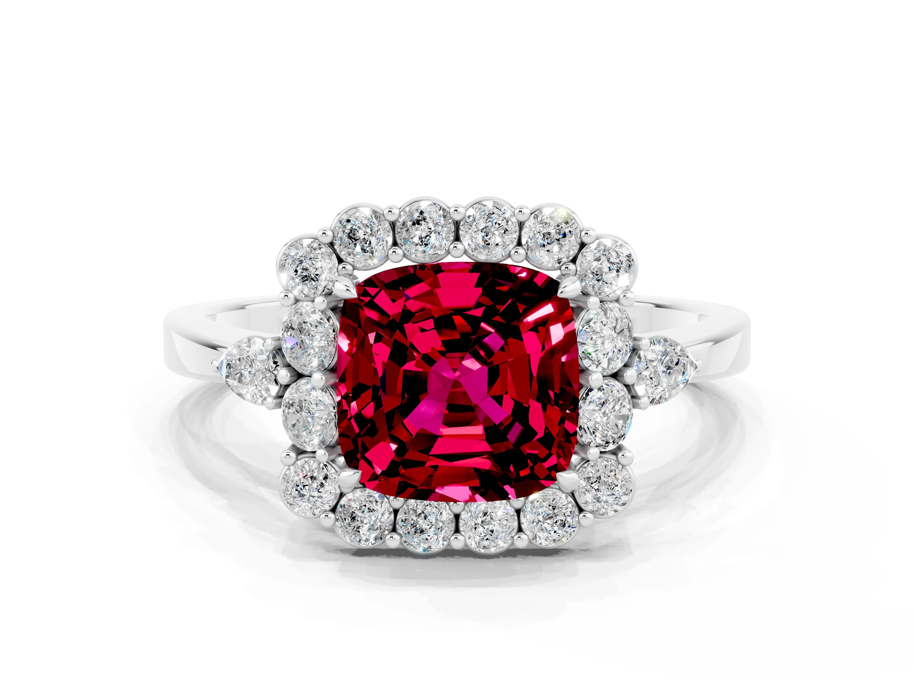 White gold Cushion Cut Garnet Halo Ring with Pear Side Stones and Prong Setting_24