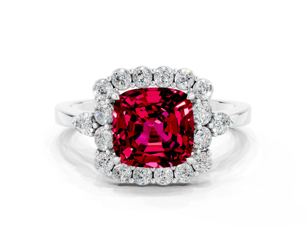 Platinum Cushion Cut Garnet Halo Ring with Pear Side Stones and Prong Setting