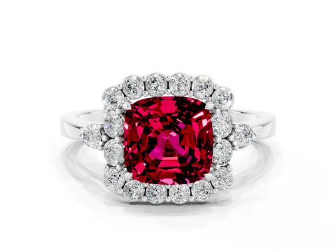 White gold Cushion Cut Garnet Halo Ring with Pear Side Stones and Prong Setting_24