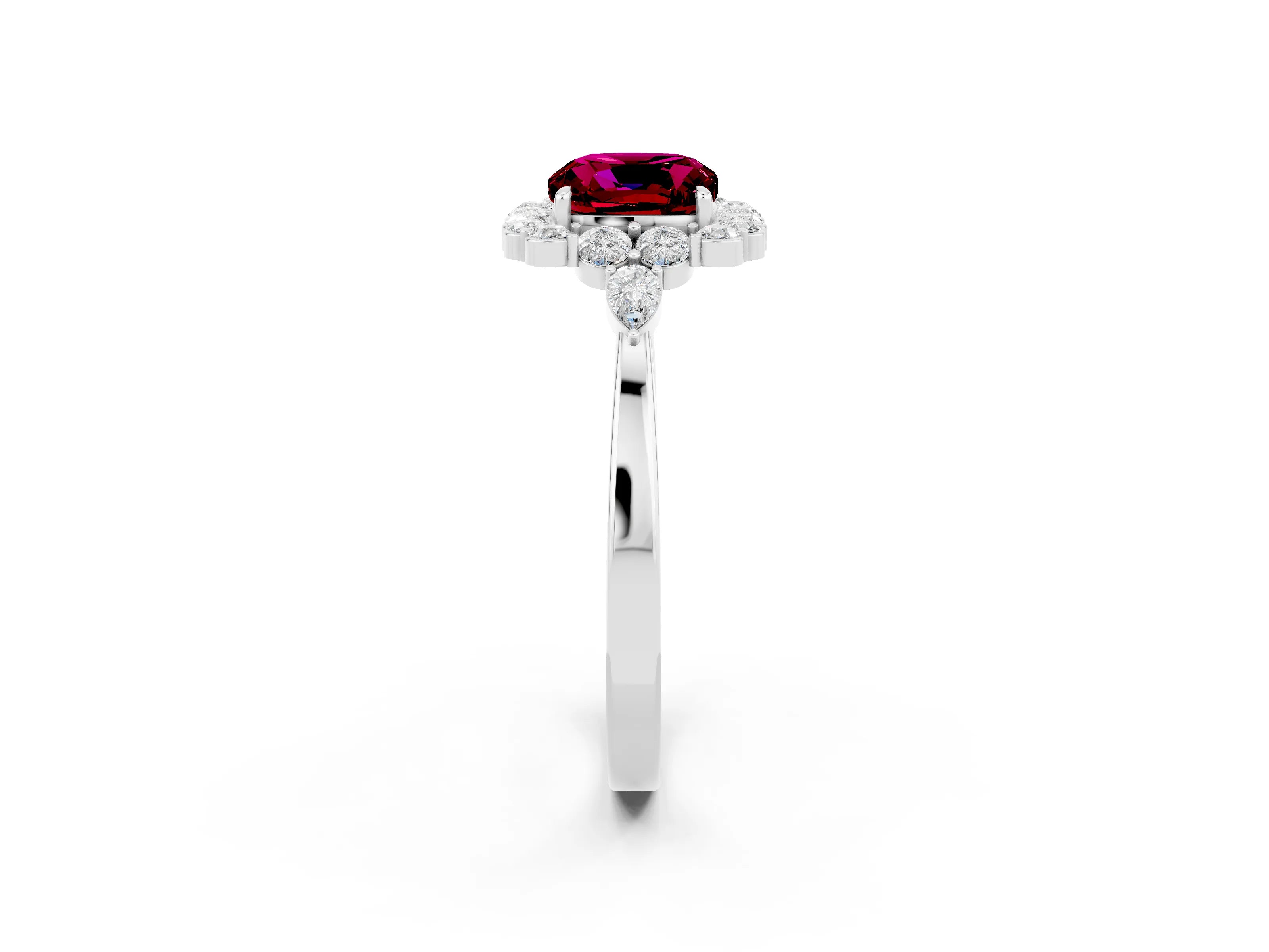 White gold Cushion Cut Garnet Halo Ring with Pear Side Stones and Prong Setting_26