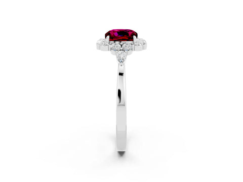 White gold Cushion Cut Garnet Halo Ring with Pear Side Stones and Prong Setting_26