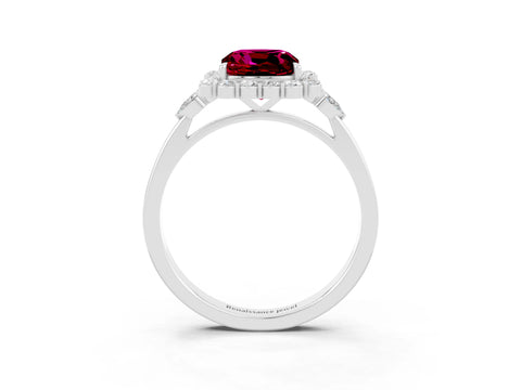 White gold Cushion Cut Garnet Halo Ring with Pear Side Stones and Prong Setting_27