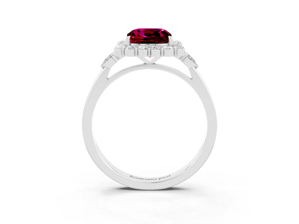 Silver Cushion Cut Garnet Halo Ring with Pear Side Stones and Prong Setting