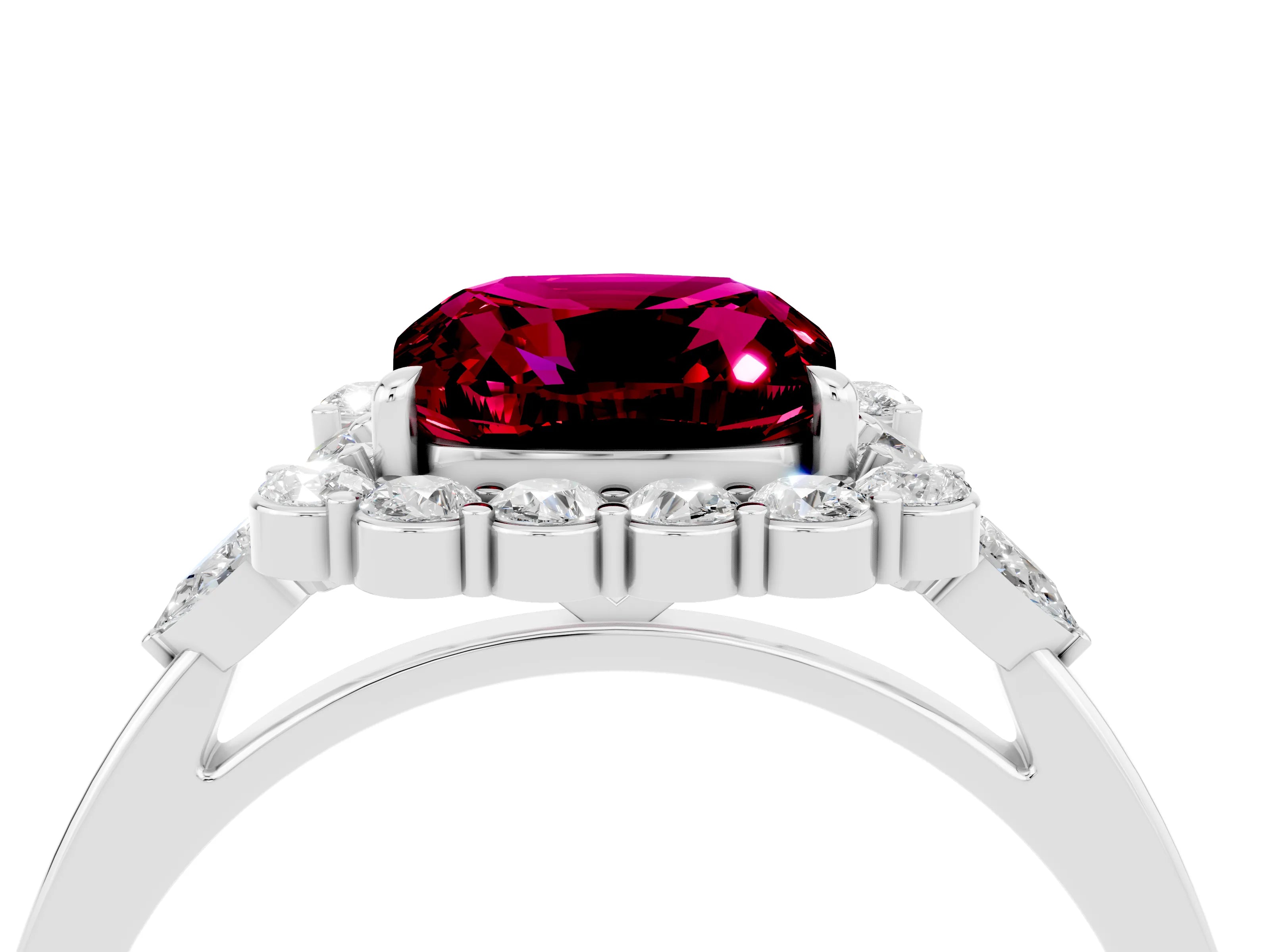 White gold Cushion Cut Garnet Halo Ring with Pear Side Stones and Prong Setting_28