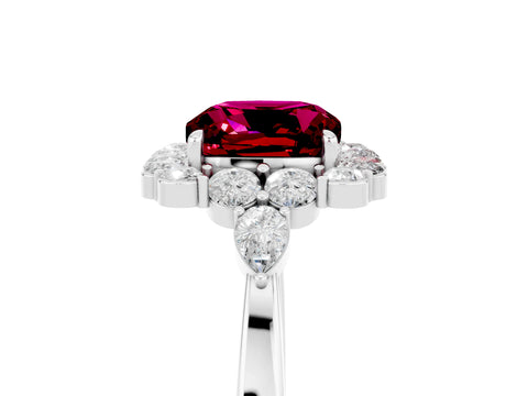 White gold Cushion Cut Garnet Halo Ring with Pear Side Stones and Prong Setting_29