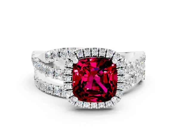White gold Cushion Cut Garnet Halo Ring with Round Split Shank and Prong Setting