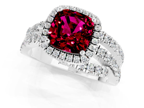 Silver Cushion Cut Garnet Halo Ring with Round Split Shank and Prong Setting