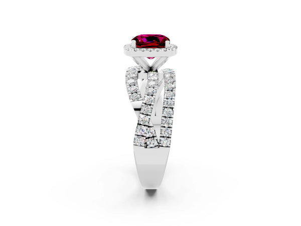 Platinum Cushion Cut Garnet Halo Ring with Round Split Shank and Prong Setting