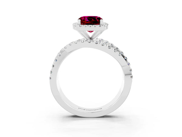 Platinum Cushion Cut Garnet Halo Ring with Round Split Shank and Prong Setting