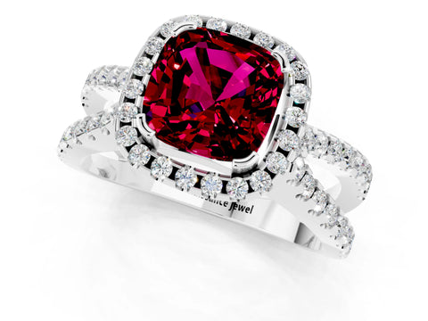 White gold Cushion Cut Garnet Halo Ring with Split Shank Pavé Band and Prong Setting_1