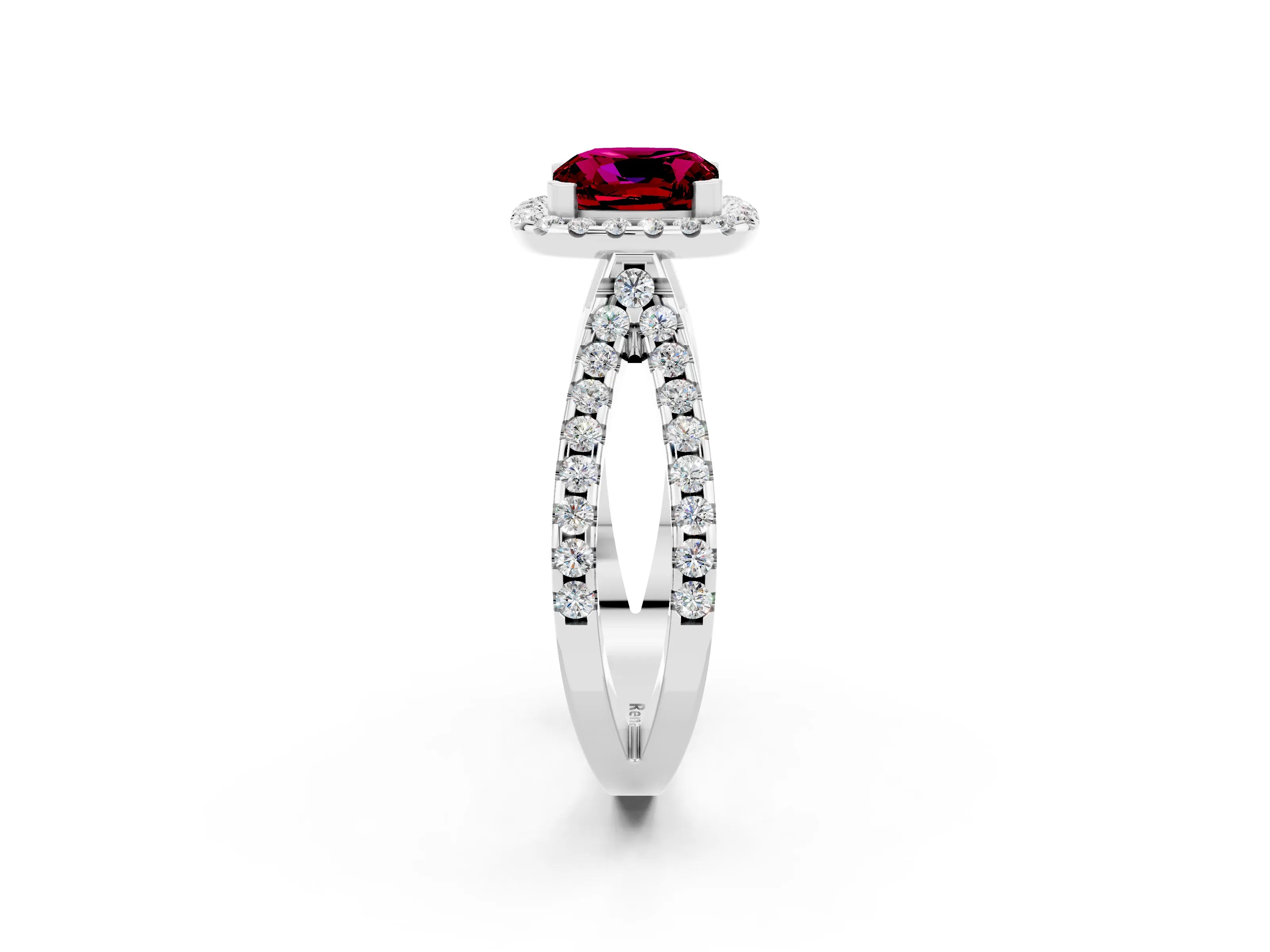 White gold Cushion Cut Garnet Halo Ring with Split Shank Pavé Band and Prong Setting_2