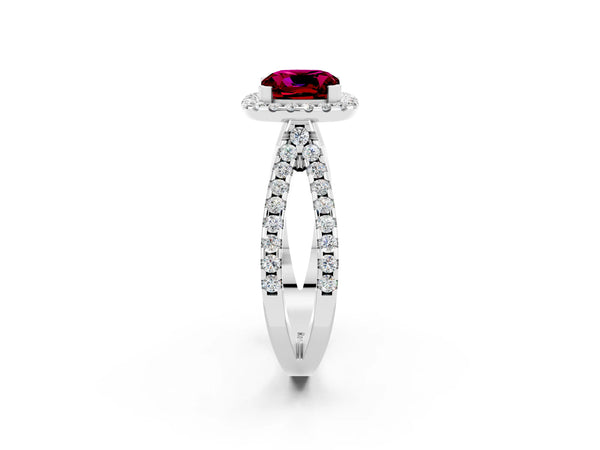White gold Cushion Cut Garnet Halo Ring with Split Shank Pavé Band and Prong Setting