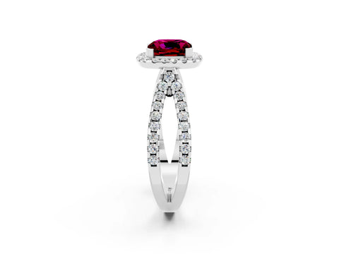 White gold Cushion Cut Garnet Halo Ring with Split Shank Pavé Band and Prong Setting_2