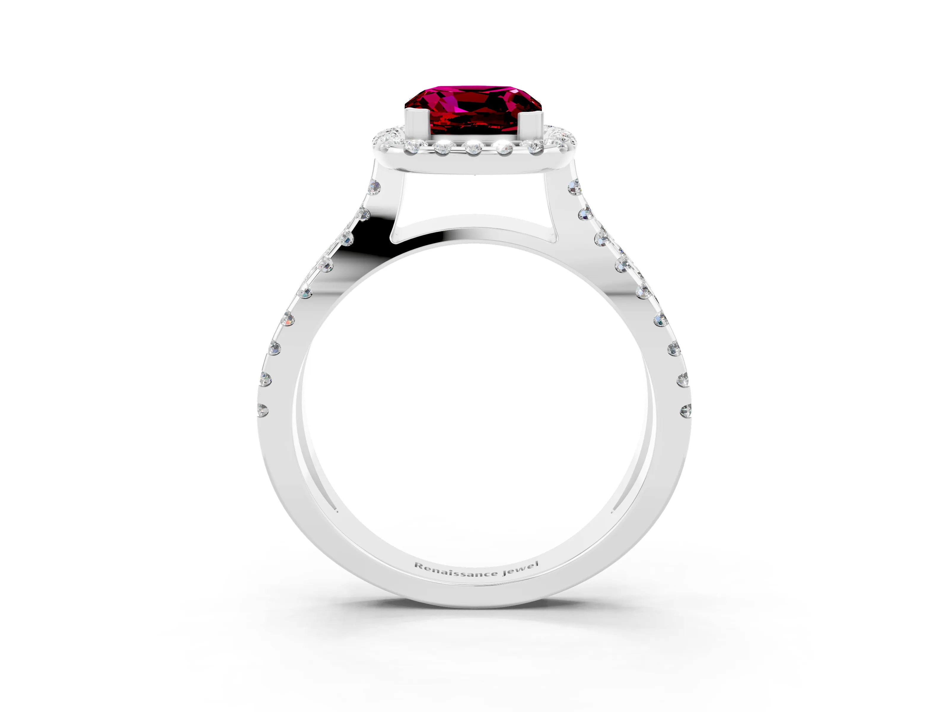 White gold Cushion Cut Garnet Halo Ring with Split Shank Pavé Band and Prong Setting_3