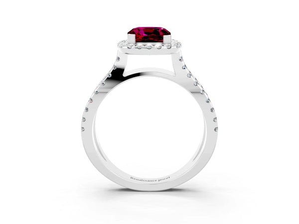 Silver Cushion Cut Garnet Halo Ring with Split Shank Pavé Band and Prong Setting