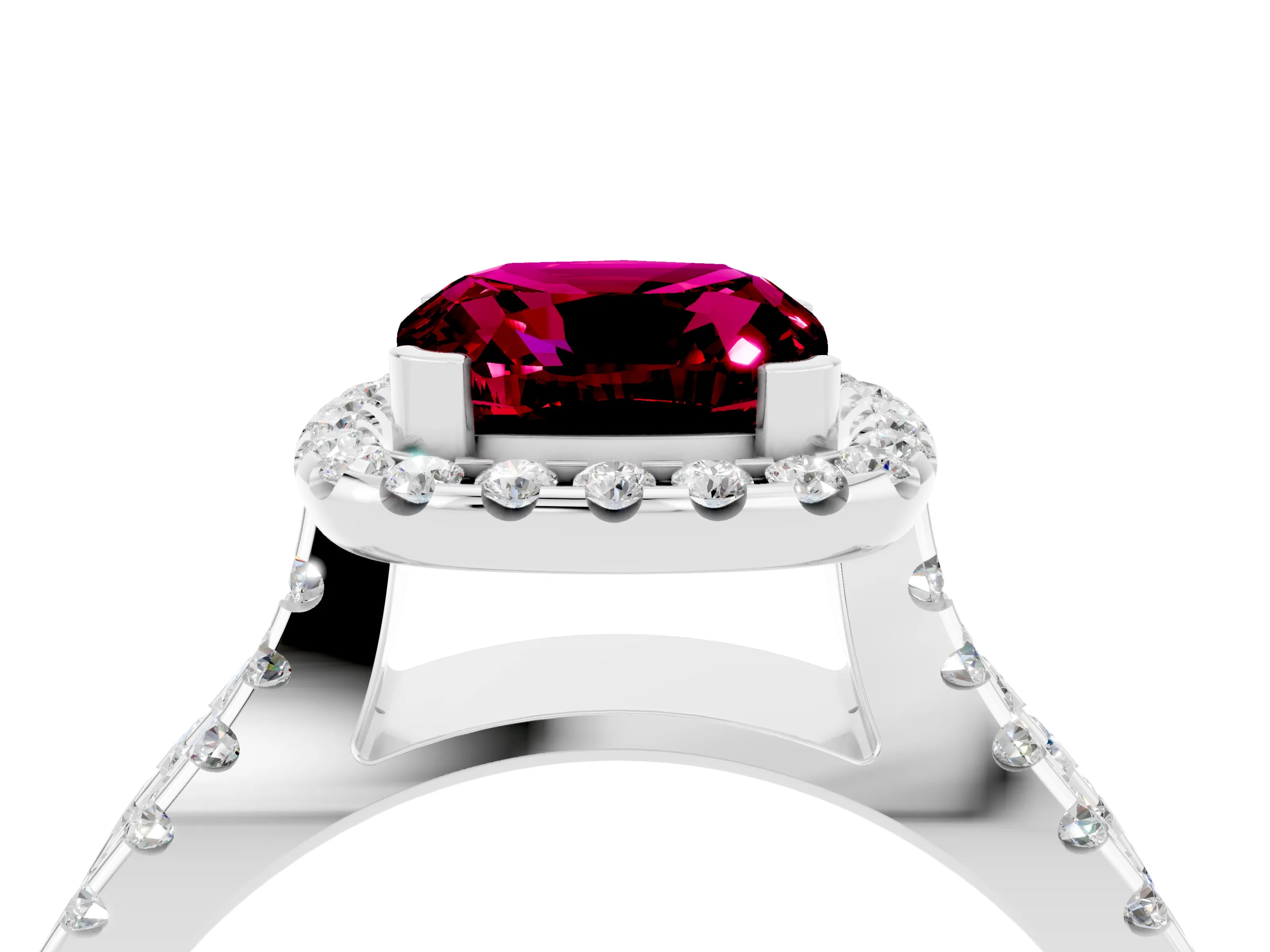 White gold Cushion Cut Garnet Halo Ring with Split Shank Pavé Band and Prong Setting_4