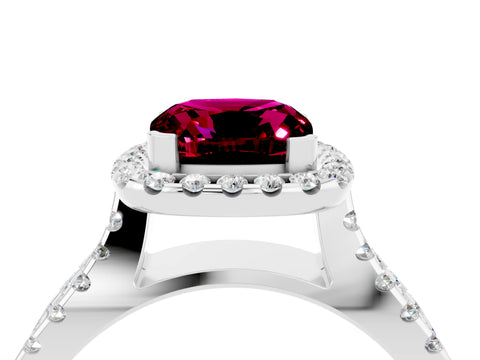White gold Cushion Cut Garnet Halo Ring with Split Shank Pavé Band and Prong Setting_4