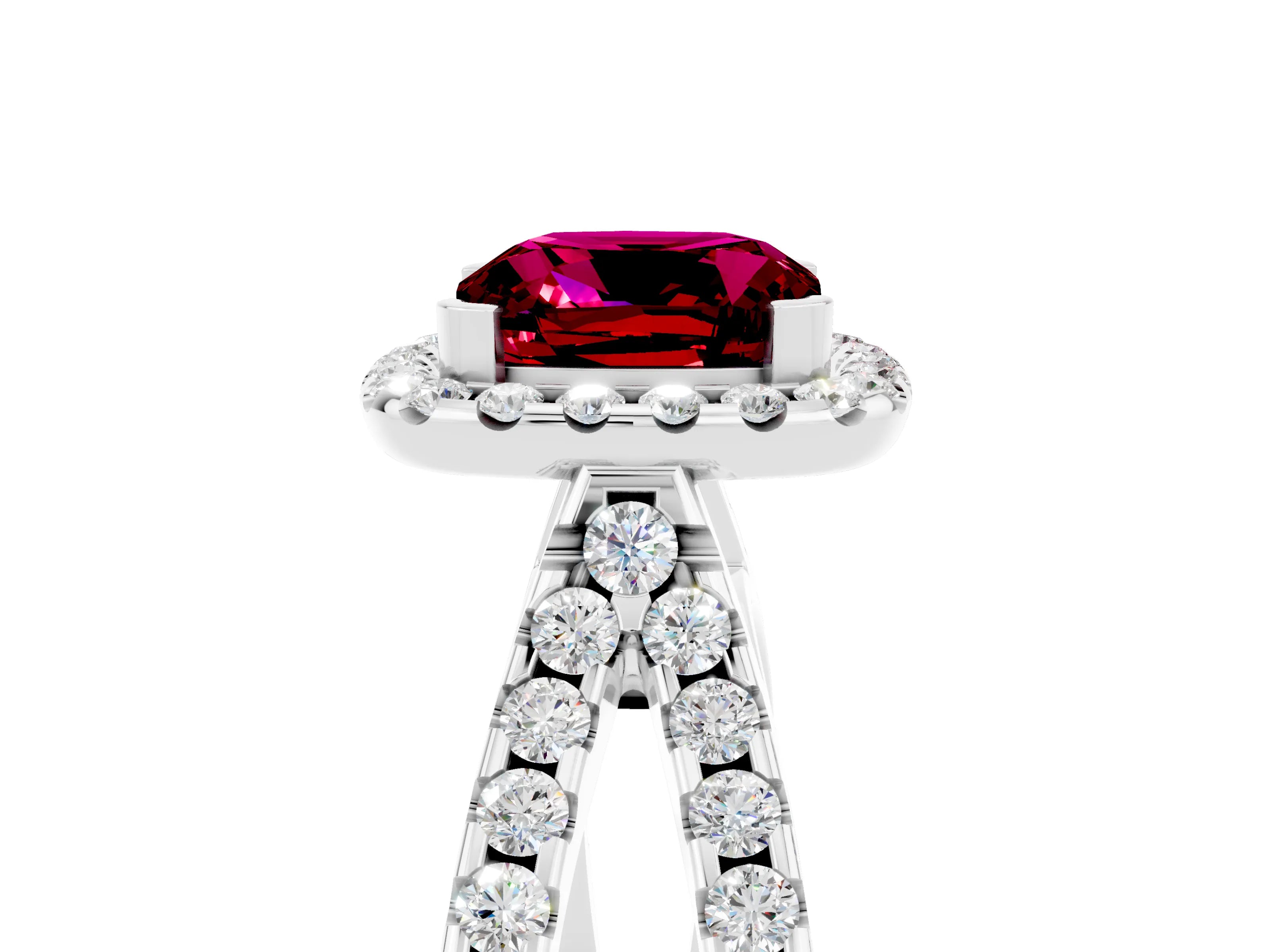 White gold Cushion Cut Garnet Halo Ring with Split Shank Pavé Band and Prong Setting_5