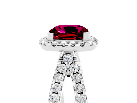 White gold Cushion Cut Garnet Halo Ring with Split Shank Pavé Band and Prong Setting_5