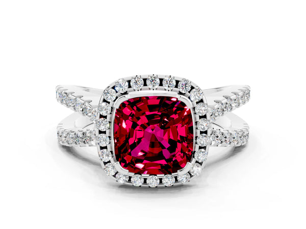 White gold Cushion Cut Garnet Halo Ring with Split Shank Pavé Band and Prong Setting