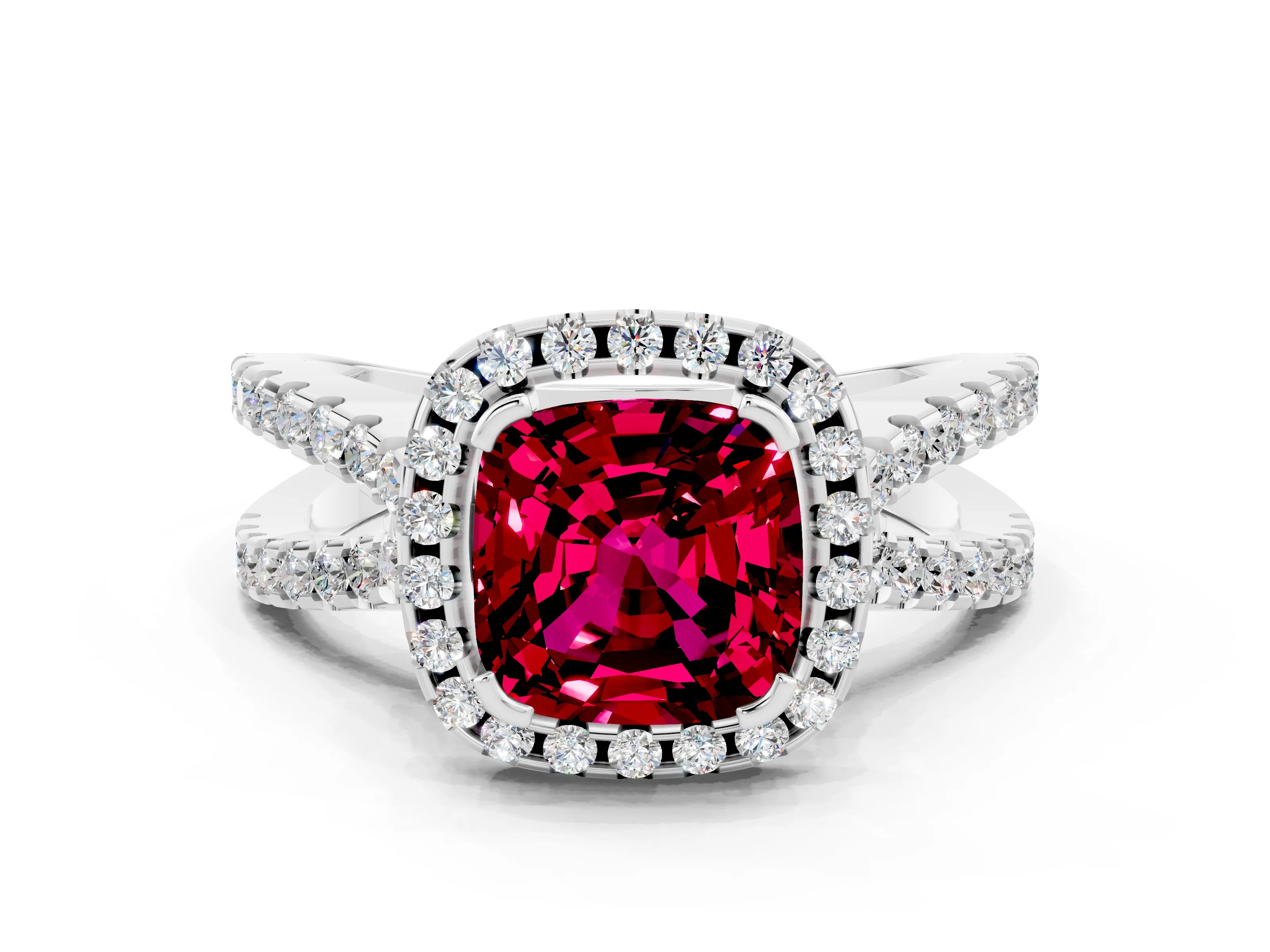 White gold Cushion Cut Garnet Halo Ring with Split Shank Pavé Band and Prong Setting