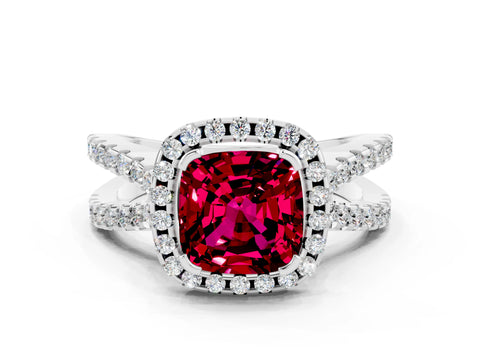 White gold Cushion Cut Garnet Halo Ring with Split Shank Pavé Band and Prong Setting