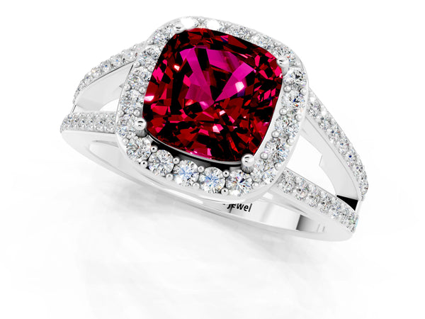 White gold Cushion Cut Garnet Halo Ring with Split Shank U-Prong Band and Four-Prong Setting