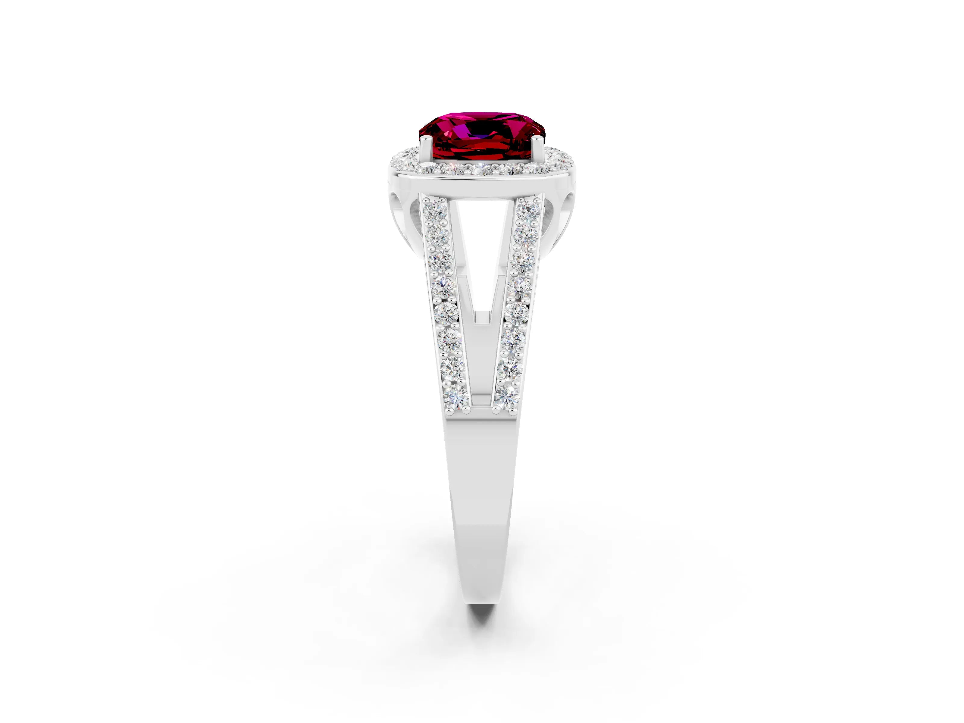 White gold Cushion Cut Garnet Halo Ring with Split Shank U-Prong Band and Four-Prong Setting_2