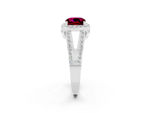White gold Cushion Cut Garnet Halo Ring with Split Shank U-Prong Band and Four-Prong Setting_2