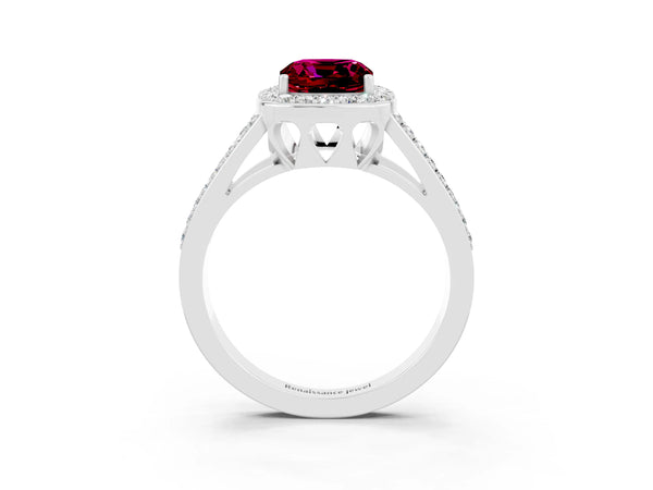 Silver Cushion Cut Garnet Halo Ring with Split Shank U-Prong Band and Four-Prong Setting