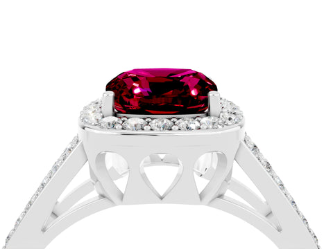 White gold Cushion Cut Garnet Halo Ring with Split Shank U-Prong Band and Four-Prong Setting_4