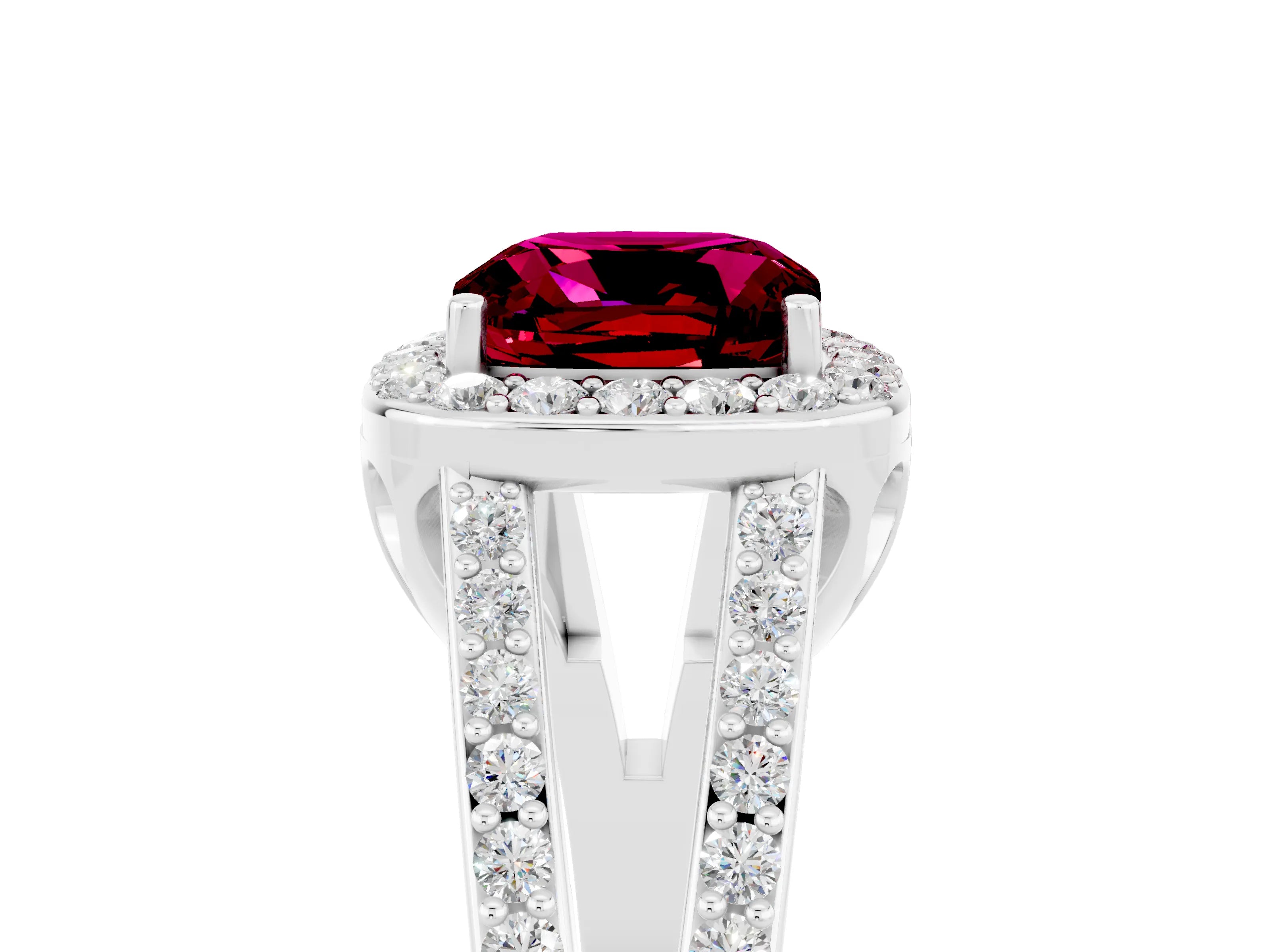 White gold Cushion Cut Garnet Halo Ring with Split Shank U-Prong Band and Four-Prong Setting_5