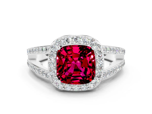 White gold Cushion Cut Garnet Halo Ring with Split Shank U-Prong Band and Four-Prong Setting