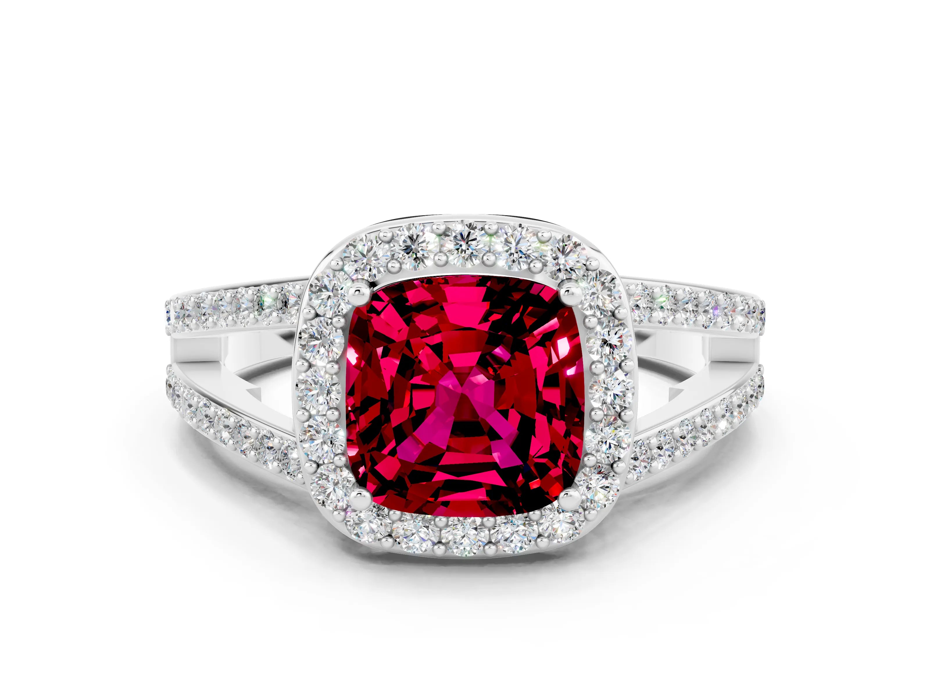 White gold Cushion Cut Garnet Halo Ring with Split Shank U-Prong Band and Four-Prong Setting