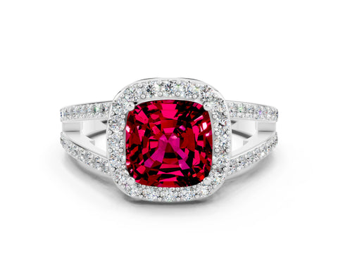 White gold Cushion Cut Garnet Halo Ring with Split Shank U-Prong Band and Four-Prong Setting