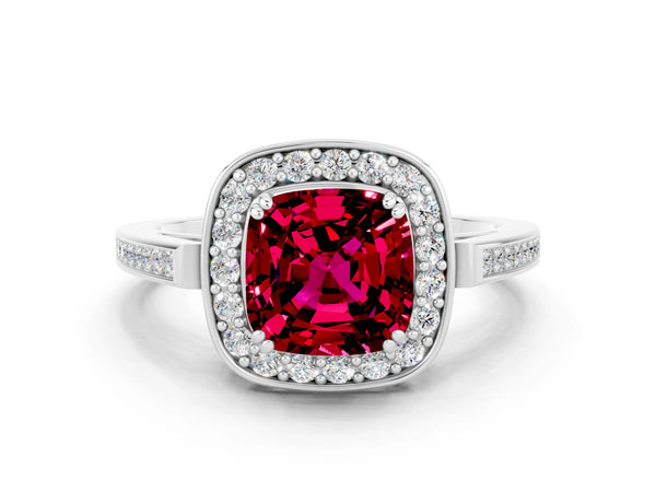 White gold Cushion Cut Garnet Halo Ring with Split Shank and Four-Prong Setting