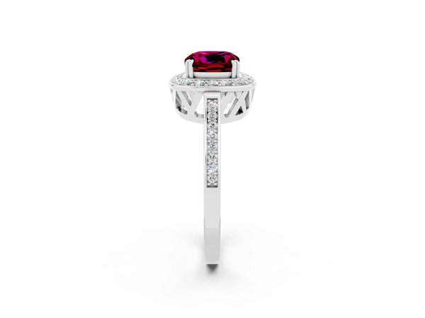 White gold Cushion Cut Garnet Halo Ring with Split Shank and Four-Prong Setting
