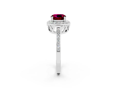 White gold Cushion Cut Garnet Halo Ring with Split Shank and Four-Prong Setting_14