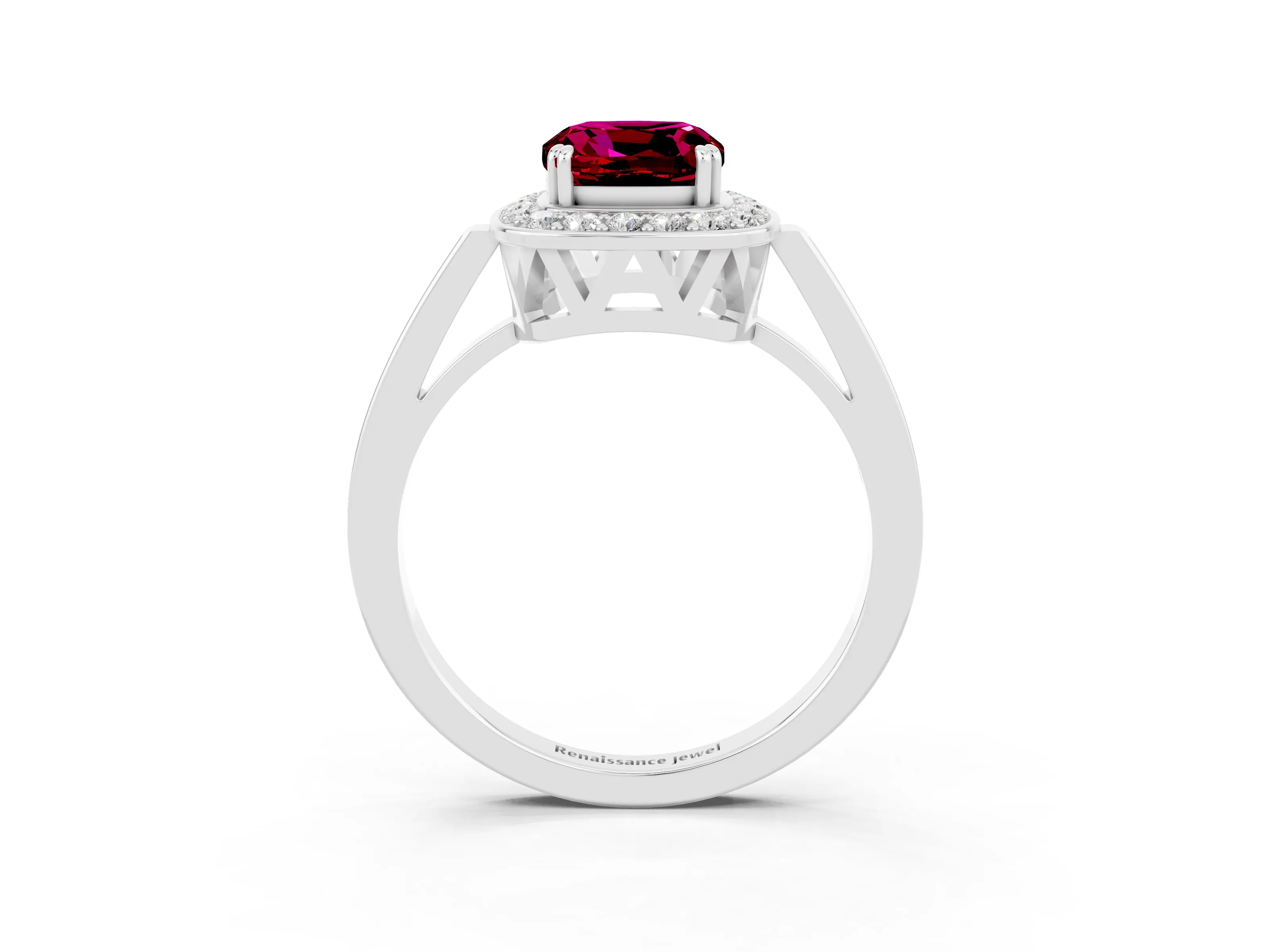 White gold Cushion Cut Garnet Halo Ring with Split Shank and Four-Prong Setting_15
