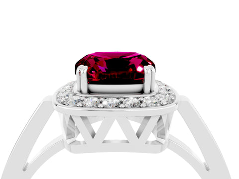 White gold Cushion Cut Garnet Halo Ring with Split Shank and Four-Prong Setting_16