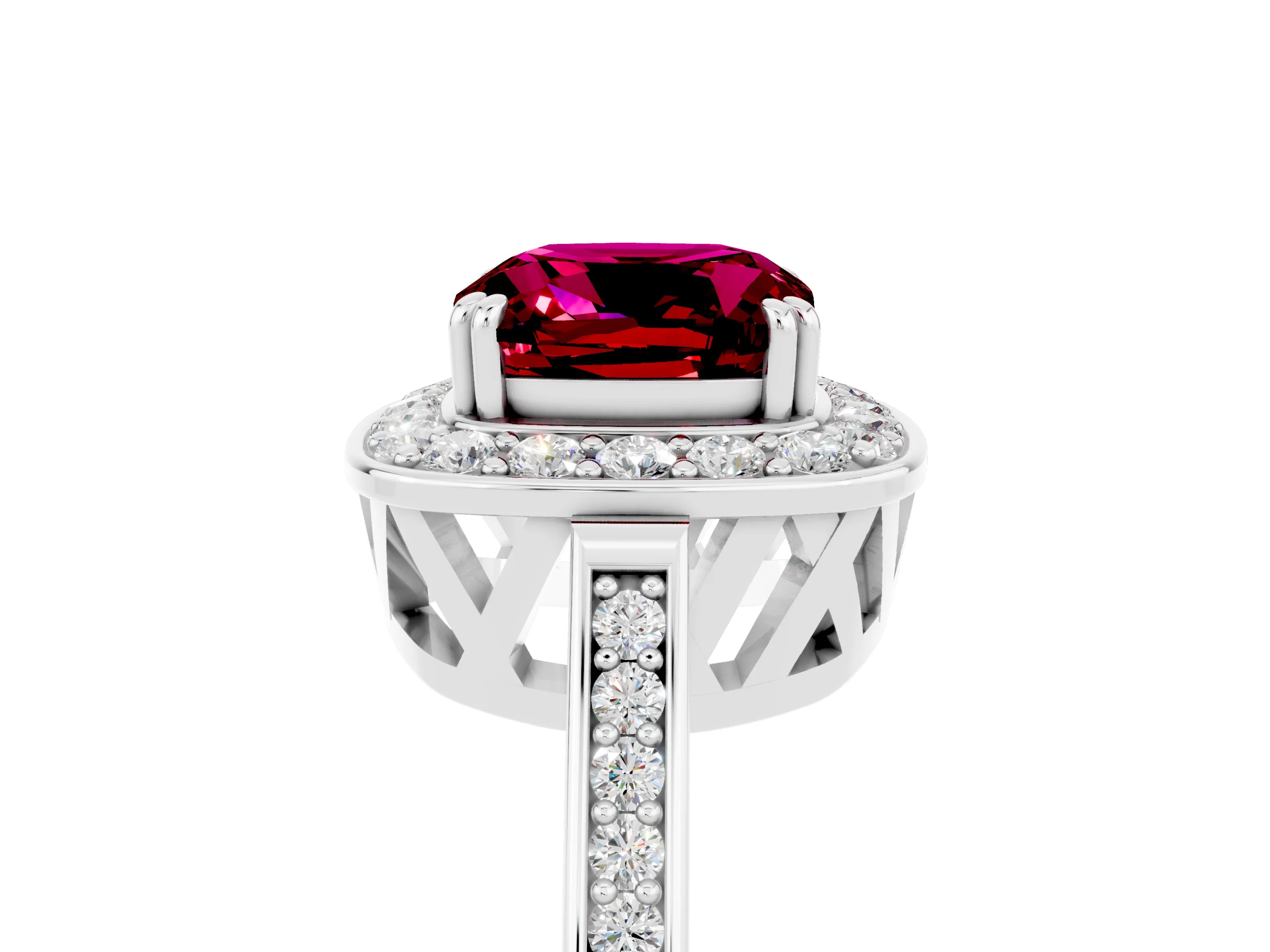 White gold Cushion Cut Garnet Halo Ring with Split Shank and Four-Prong Setting_17