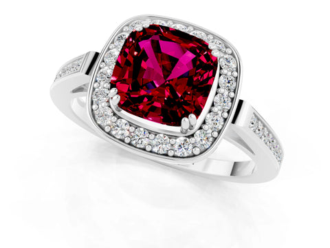 White gold Cushion Cut Garnet Halo Ring with Split Shank and Four-Prong Setting_1